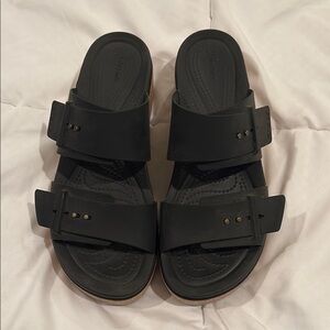 Brooklyn Cork Buckle Black Slide Sandals by Crocs